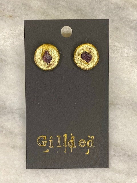 Pink Tourmaline Stud Earrings- Gilded Natural Clay in Gold- Great Gift!