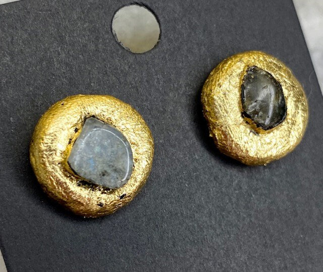 Labradorite Stud Earrings-Gilded Natural Clay in Gold- Great Gift!