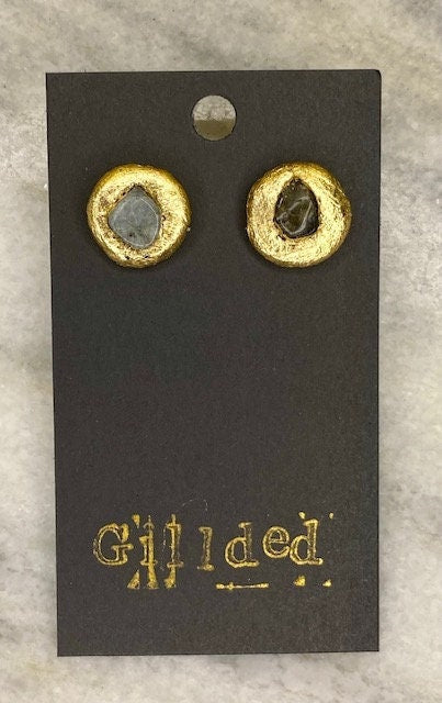 Labradorite Stud Earrings-Gilded Natural Clay in Gold- Great Gift!