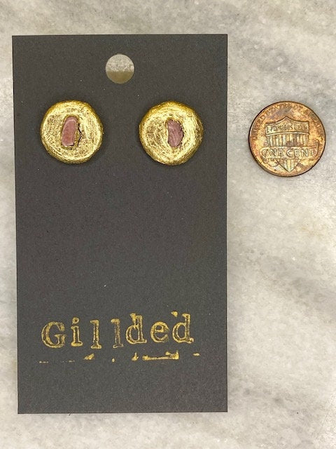 Rhodonite Stud Earrings- Gilded Natural Clay in Gold- Great Gift!