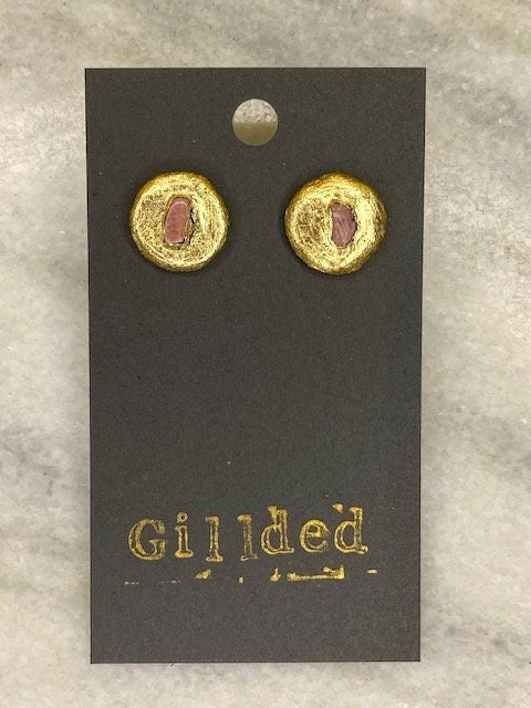 Rhodonite Stud Earrings- Gilded Natural Clay in Gold- Great Gift!