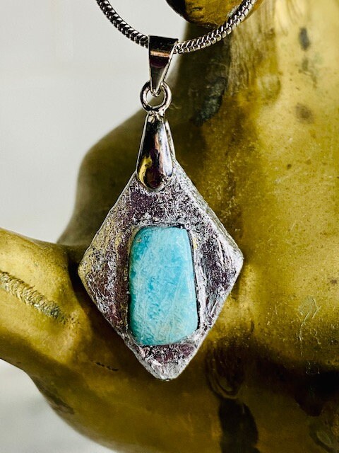 Amazonite Pendant Necklace- Gilded Natural Clay in Silver- Great Gift!