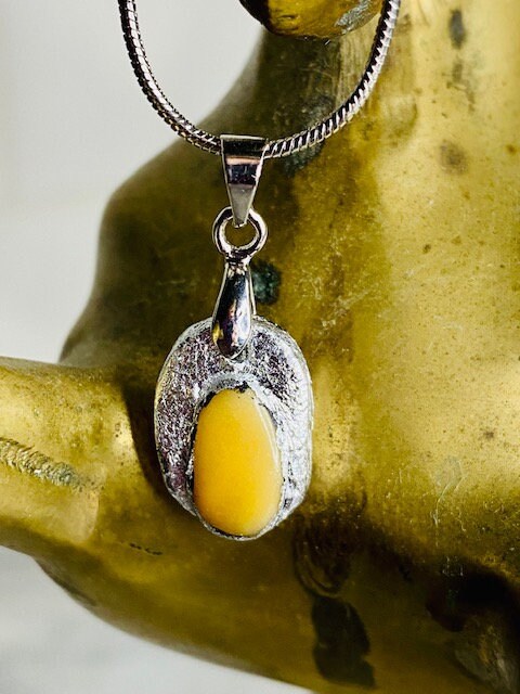 Yellow Jade Pendant Necklace- Gilded Natural Clay in Silver- Great Gift!