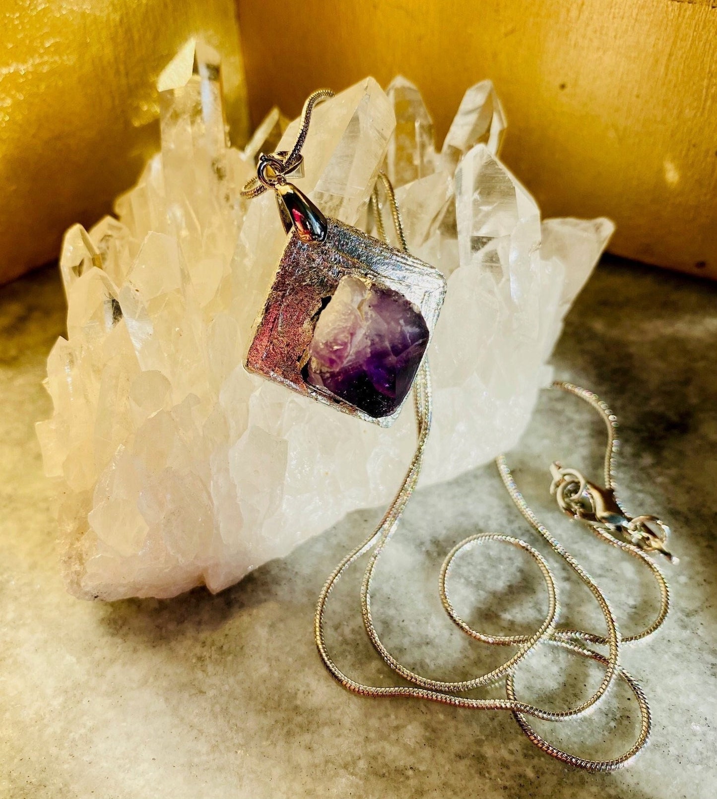 Amethyst Pendant Necklace- Gilded Natural Clay in Silver