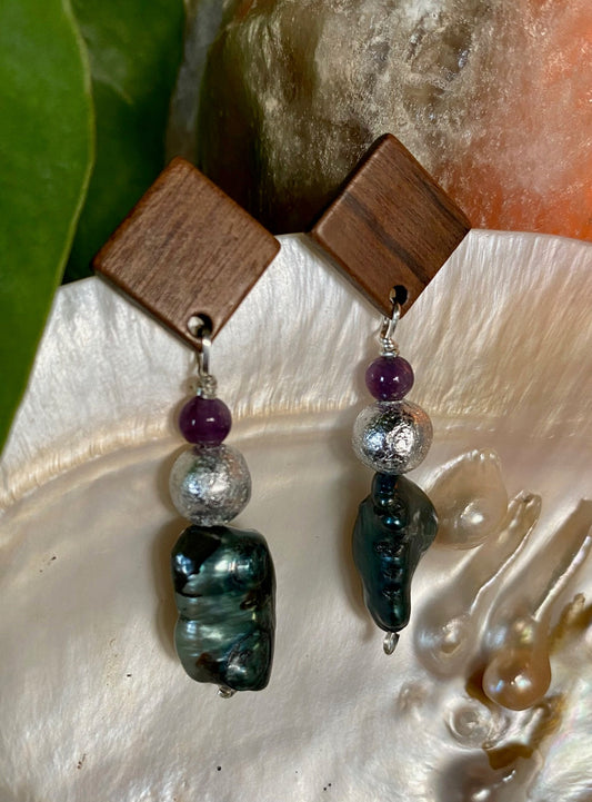 Sterling Silver Beaded Earrings Amethyst Gilded Silver Clay Bead and Dyed Freshwater Pearl