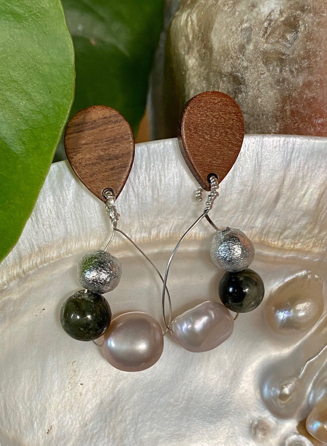 Sterling Silver Wire Earrings with Gilded Silver Clay Beads Epidote and Freshwater Pearl with Wood Accents