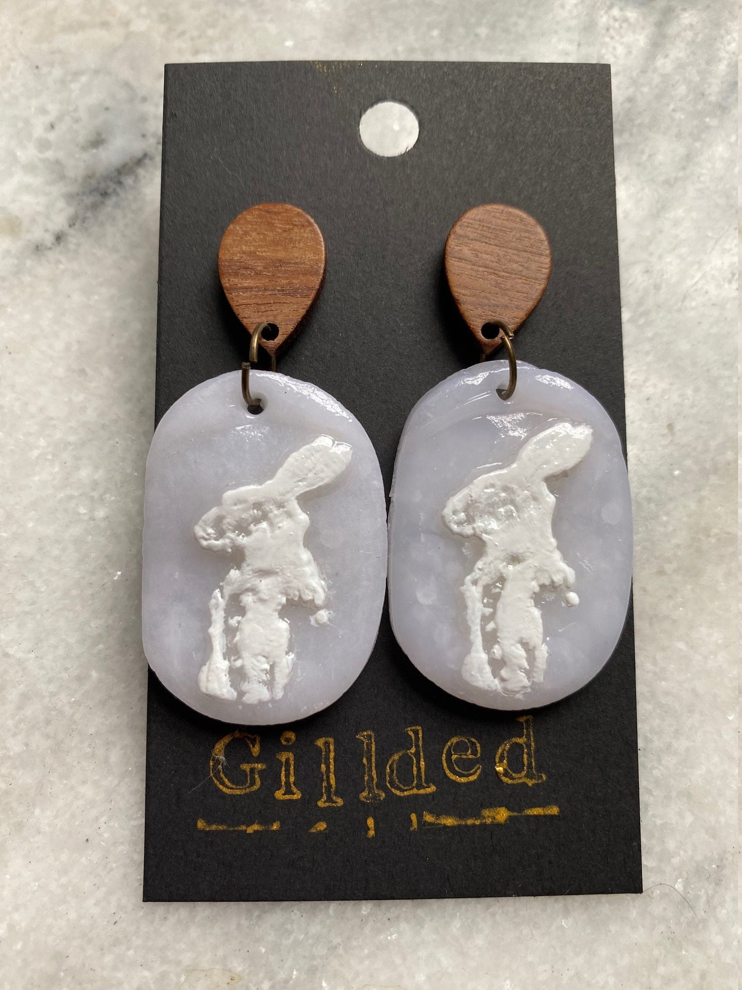 White Rabbit Earrings- Translucent Clay Wax Seal Painted White Rabbit with Wood Alice and Wonderland Inspired