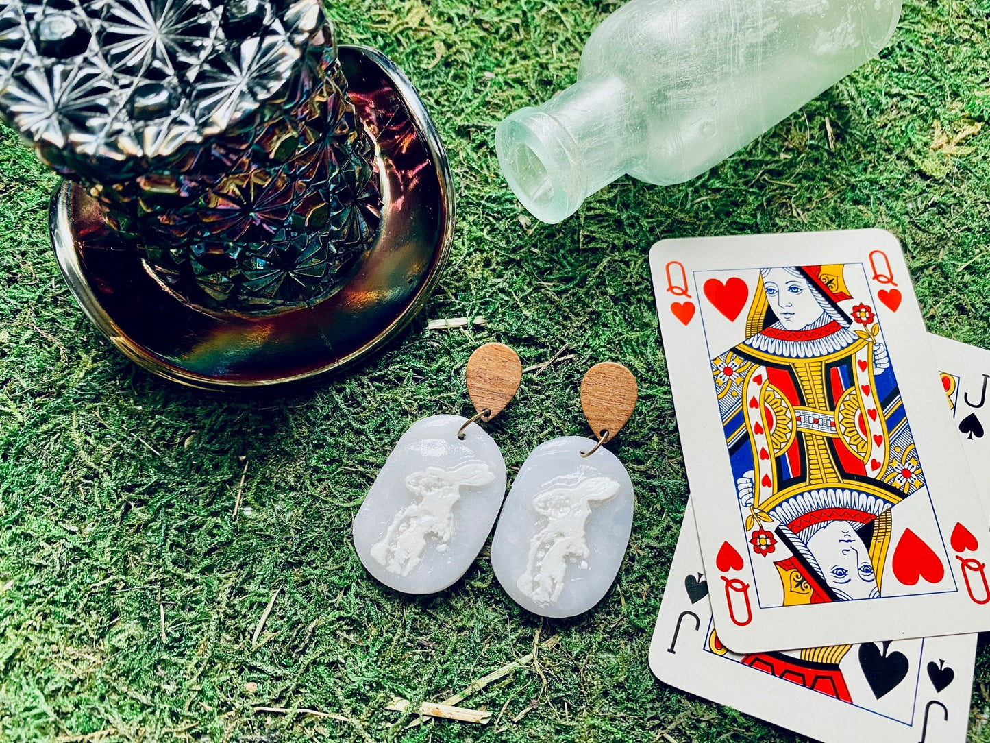 White Rabbit Earrings- Translucent Clay Wax Seal Painted White Rabbit with Wood Alice and Wonderland Inspired