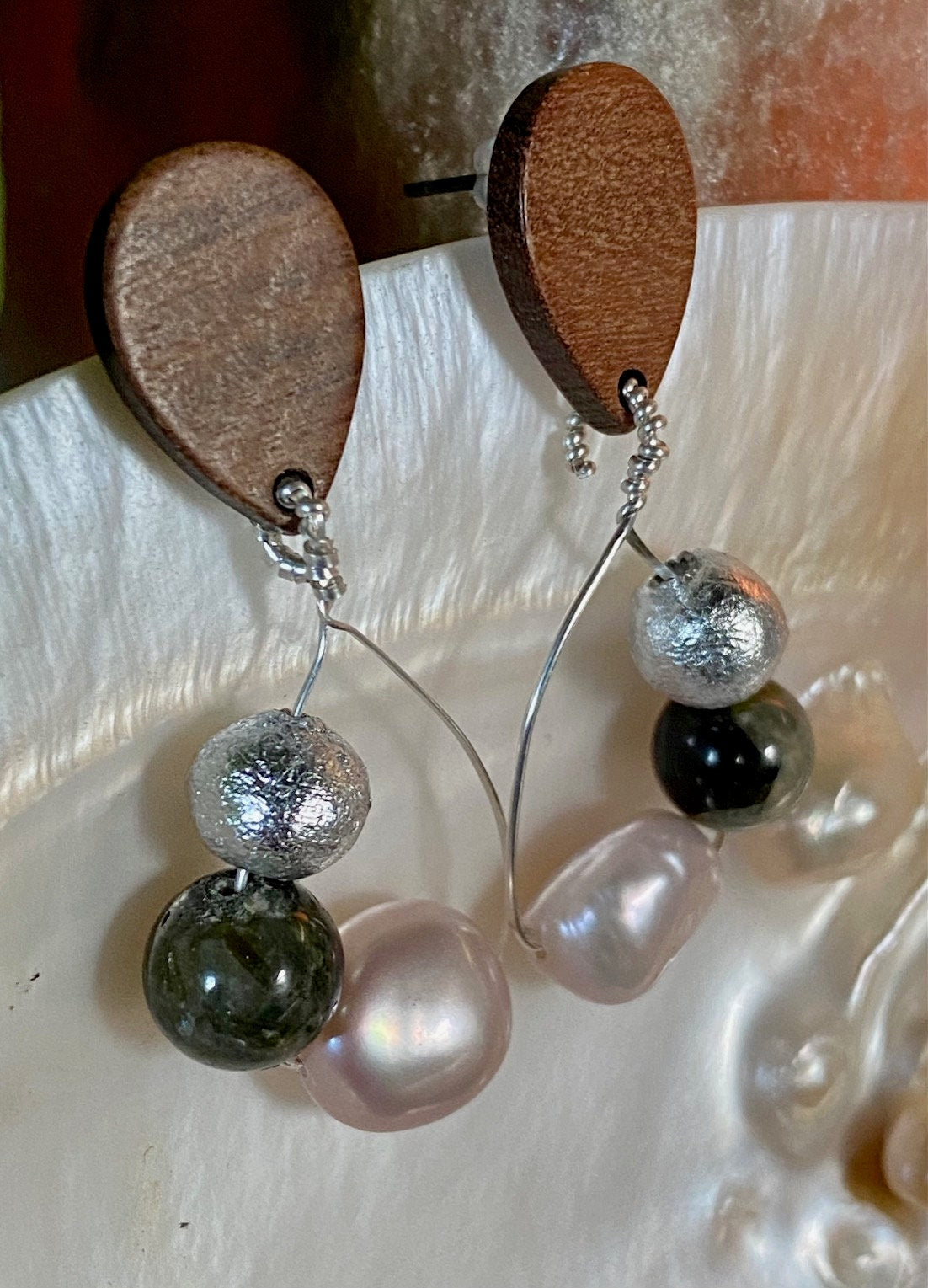 Sterling Silver Wire Earrings with Gilded Silver Clay Beads Epidote and Freshwater Pearl with Wood Accents