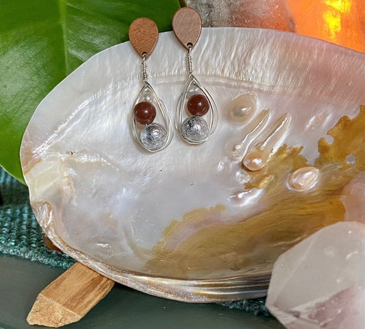 Sterling Silver Beaded Earrings Gilded Clay Purple Aventurine Freshwater Pearl with wood accents