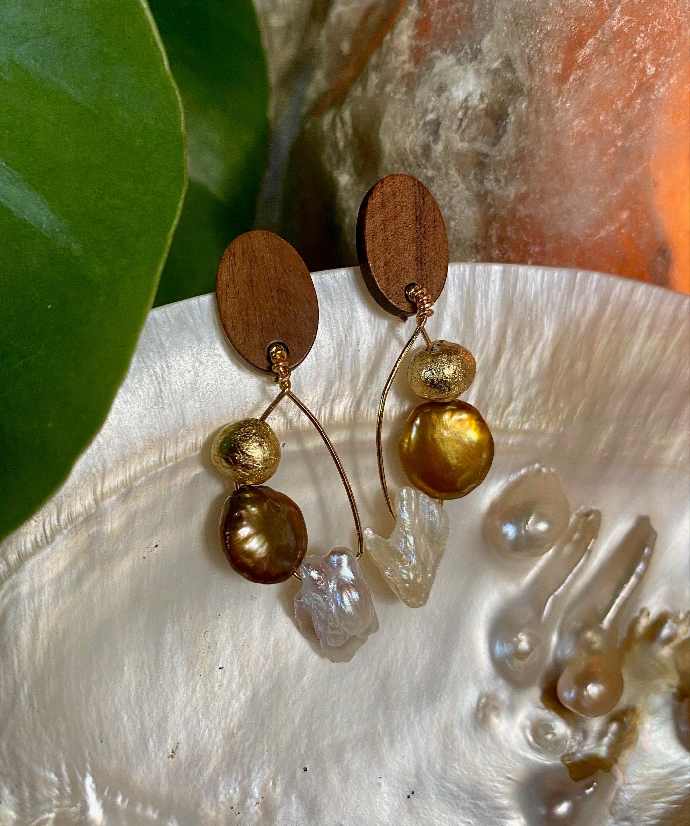 22k Gold Plated Wired Earrings Gilded Clay Beads Freshwater Pearls with Wood Accents