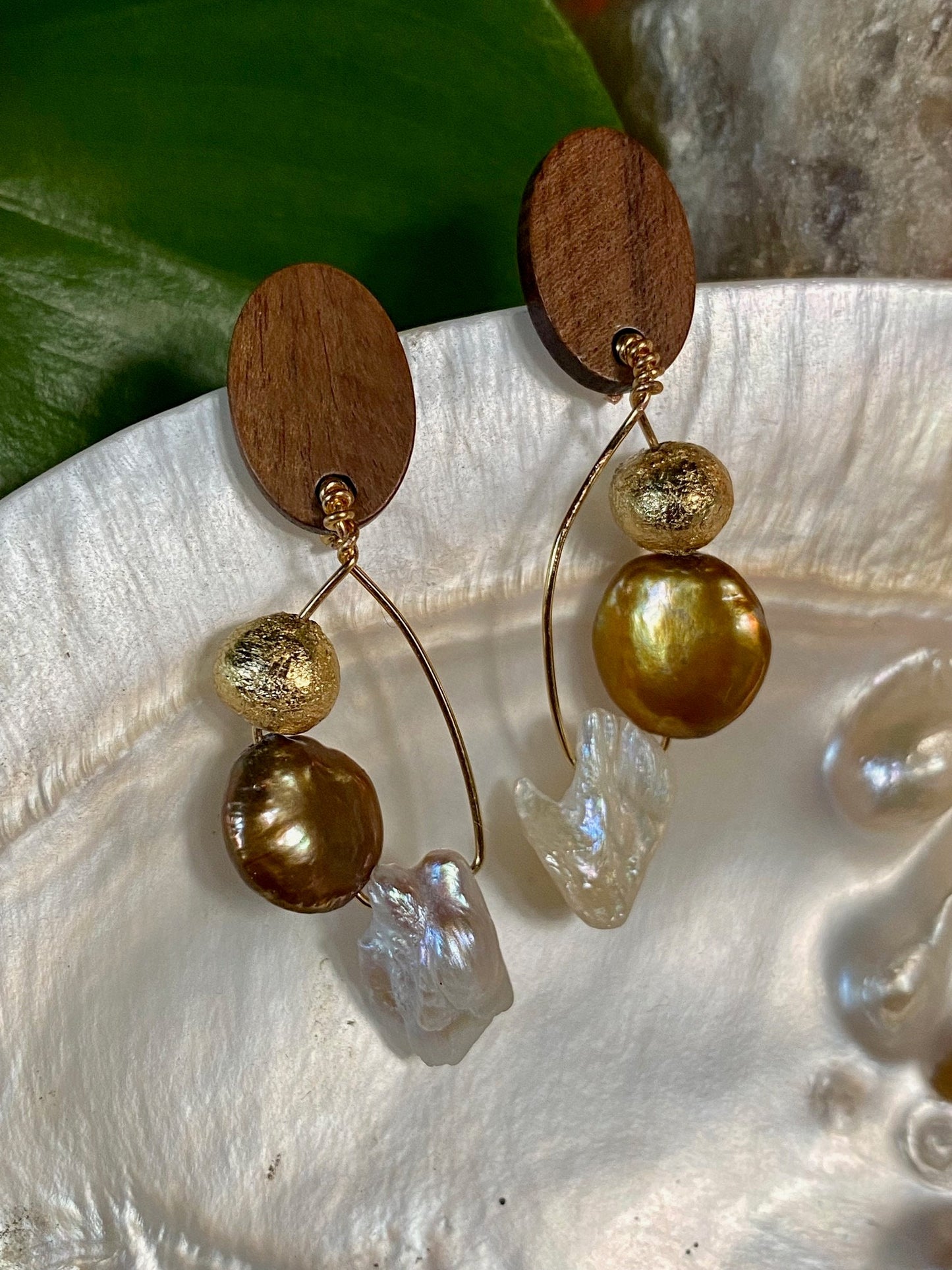 22k Gold Plated Wired Earrings Gilded Clay Beads Freshwater Pearls with Wood Accents