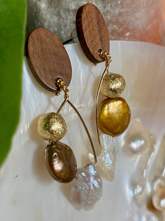 22k Gold Plated Wired Earrings Gilded Clay Beads Freshwater Pearls with Wood Accents