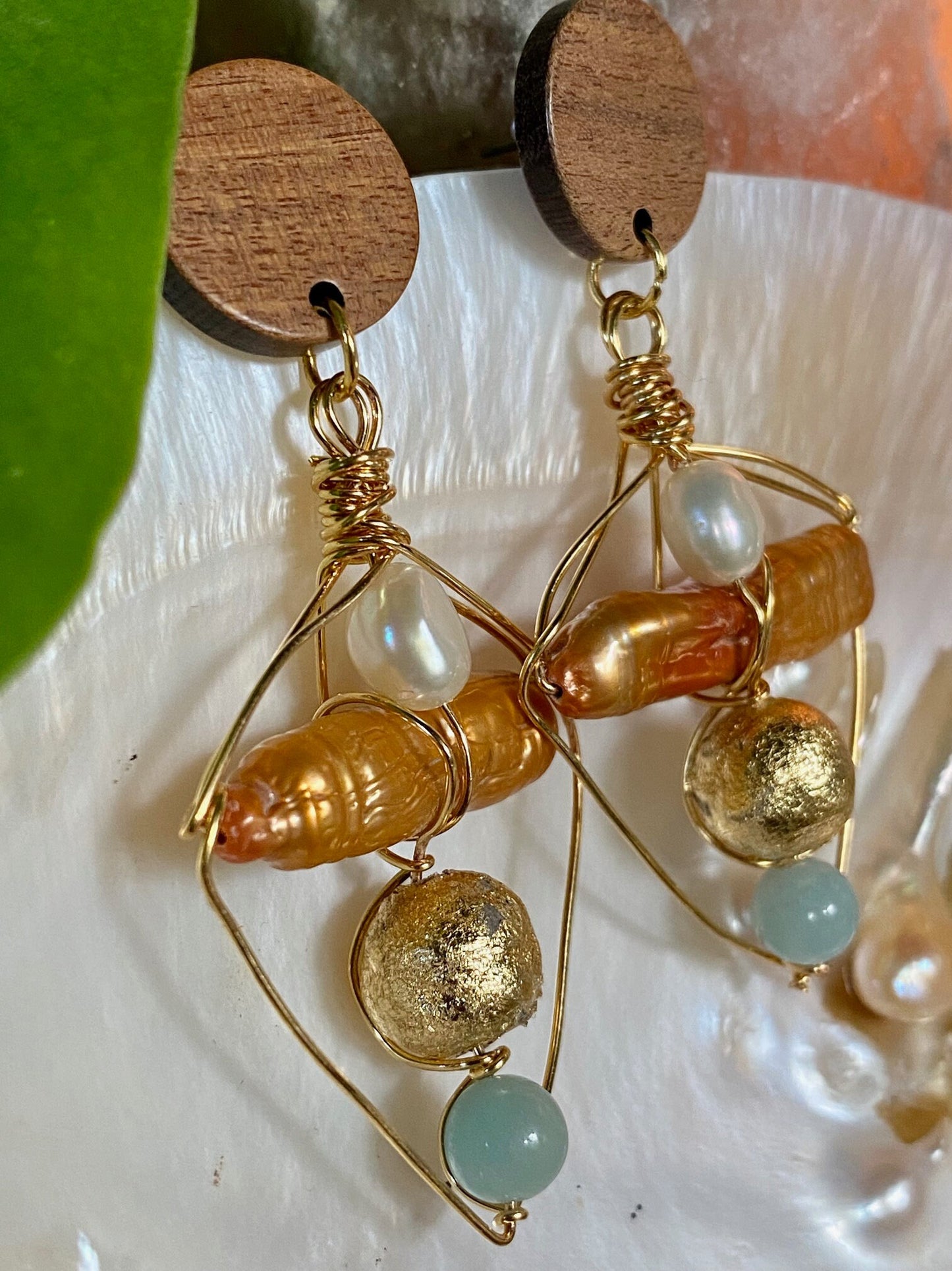 22k Gold Plated Wired Earrings Gilded Clay Pearls Amazonite Beads with Wood Accents