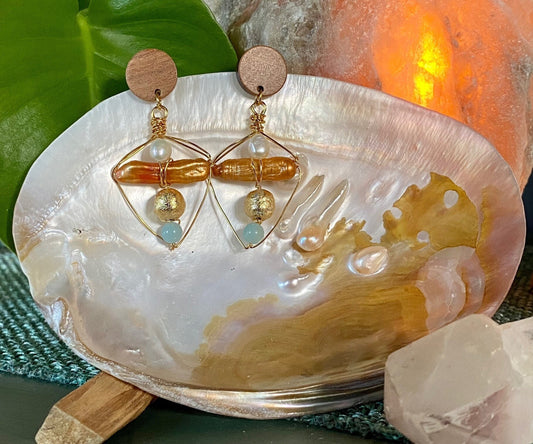 22k Gold Plated Wired Earrings Gilded Clay Pearls Amazonite Beads with Wood Accents